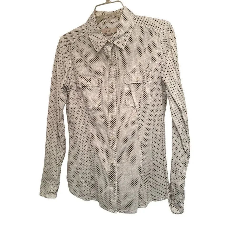 LOFT white with black polka dots button up blouse- size s